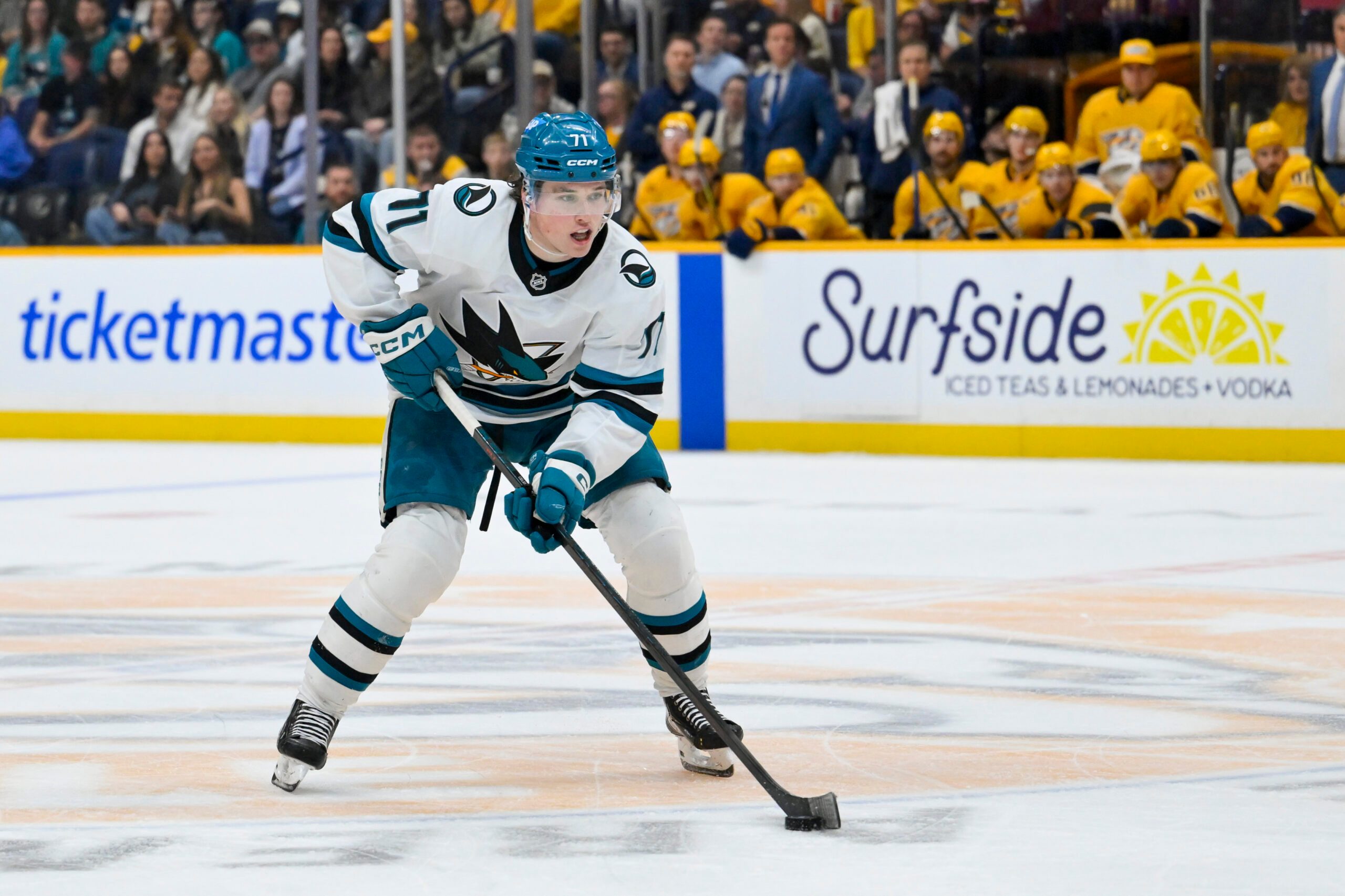 Mar 24, 2026; Nashville, Tennessee, USA;  San Jose Sharks center Macklin Celebrini (71) skates with the puck against the Nashville Predators during the second period at Bridgestone Arena. Mandatory Credit: Steve Roberts-Imagn Images