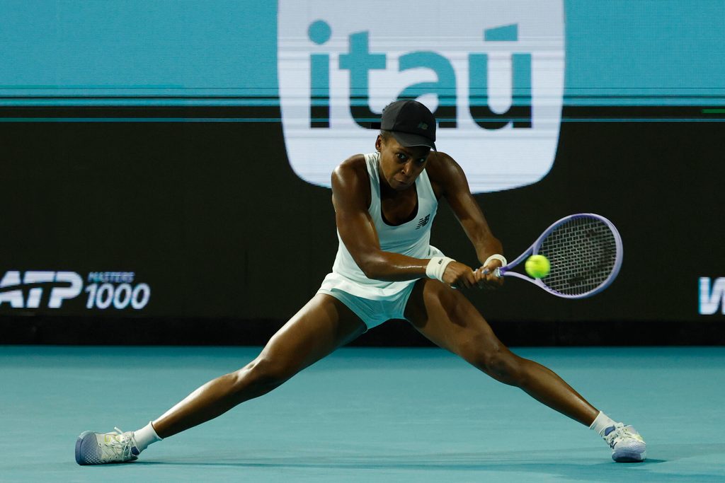 Mar 24, 2026; Miami Gardens, FL, USA; Coco Gauff (USA) hits a backhand against Belinda Bencic (SUI) (not pictured) on day eight of the 2026 Miami Open at Hard Rock Stadium. Mandatory Credit: Geoff Burke-Imagn Images