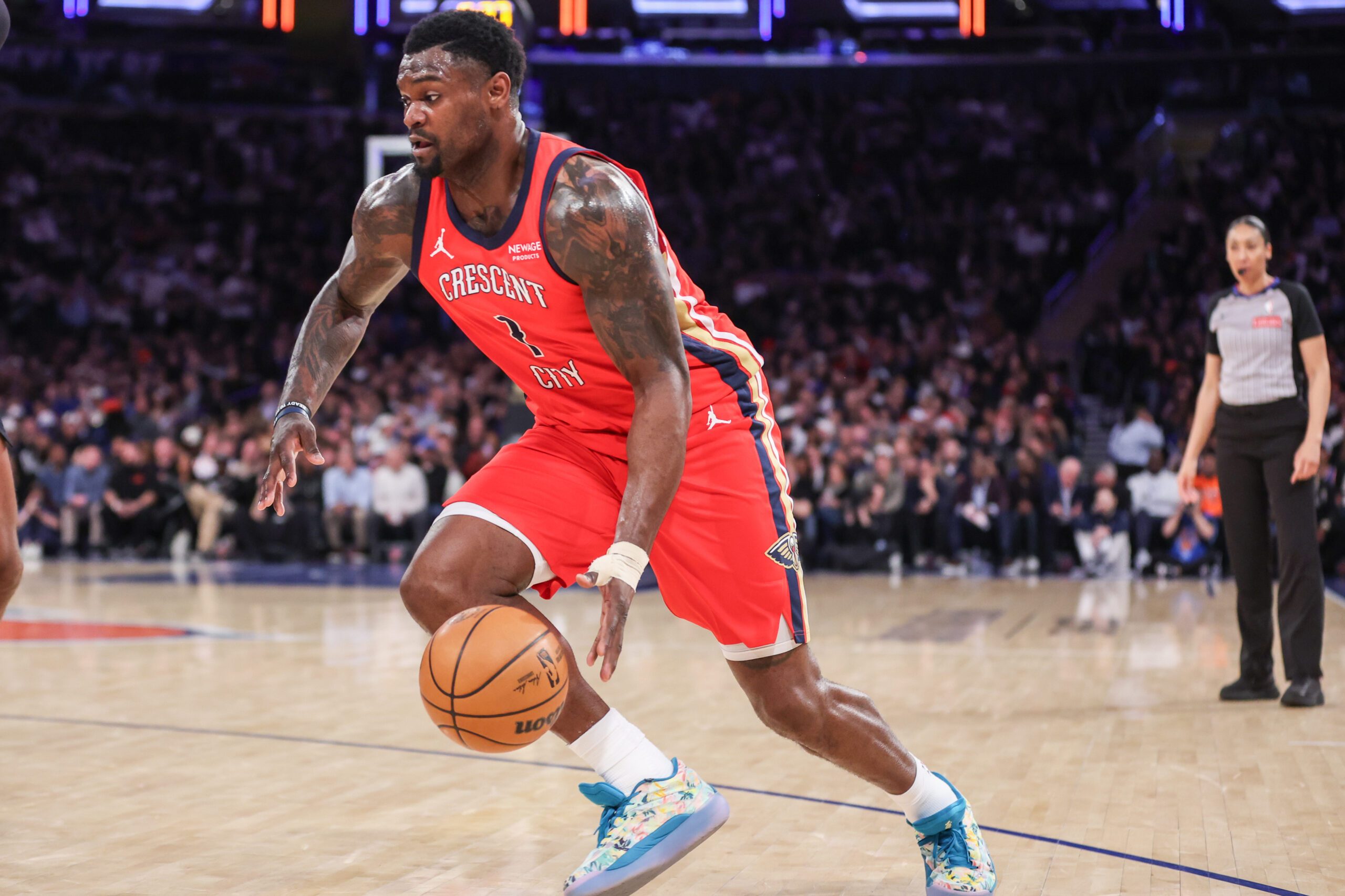 Mar 24, 2026; New York, New York, USA;  New Orleans Pelicans forward Zion Williamson (1) drives to the basket in the third quarter against the New York Knicks at Madison Square Garden. Mandatory Credit: Wendell Cruz-Imagn Images