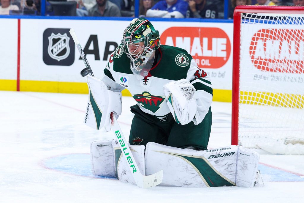 Mar 24, 2026; Tampa, Florida, USA; Minnesota Wild goaltender Filip Gustavsson (32) deflects a shot against the Tampa Bay Lightning in the third period at Benchmark International Arena. Mandatory Credit: Nathan Ray Seebeck-Imagn Images