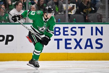 Mar 24, 2026; Dallas, Texas, USA; Dallas Stars center Wyatt Johnston (53) skates against the New Jersey Devils during the third period at the American Airlines Center. Mandatory Credit: Jerome Miron-Imagn Images