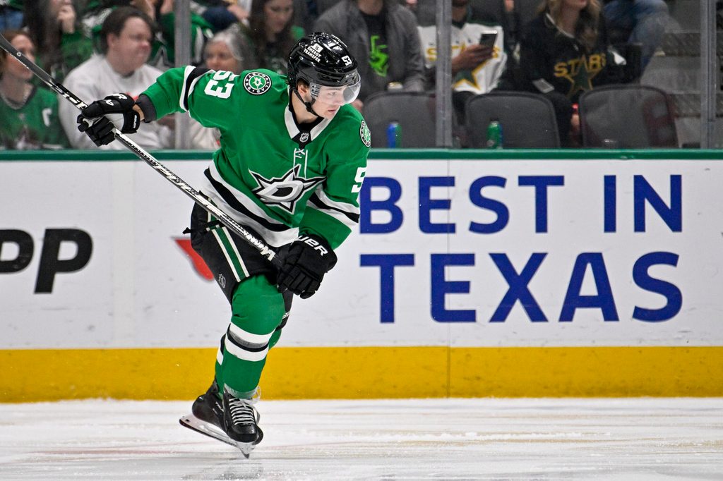 Mar 24, 2026; Dallas, Texas, USA; Dallas Stars center Wyatt Johnston (53) skates against the New Jersey Devils during the third period at the American Airlines Center. Mandatory Credit: Jerome Miron-Imagn Images