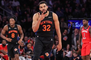 Mar 24, 2026; New York, New York, USA;  New York Knicks center Karl-Anthony Towns (32) gestures after scoring in the third quarter against the New Orleans Pelicans at Madison Square Garden. Mandatory Credit: Wendell Cruz-Imagn Images