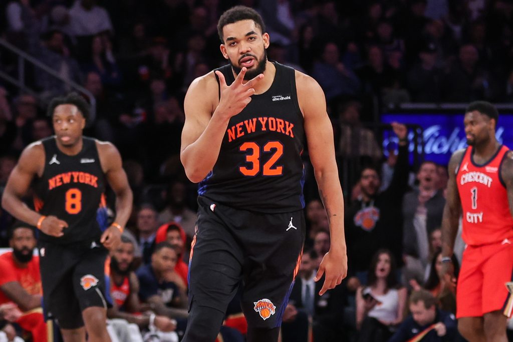 Mar 24, 2026; New York, New York, USA; New York Knicks center Karl-Anthony Towns (32) gestures after scoring in the third quarter against the New Orleans Pelicans at Madison Square Garden. Mandatory Credit: Wendell Cruz-Imagn Images