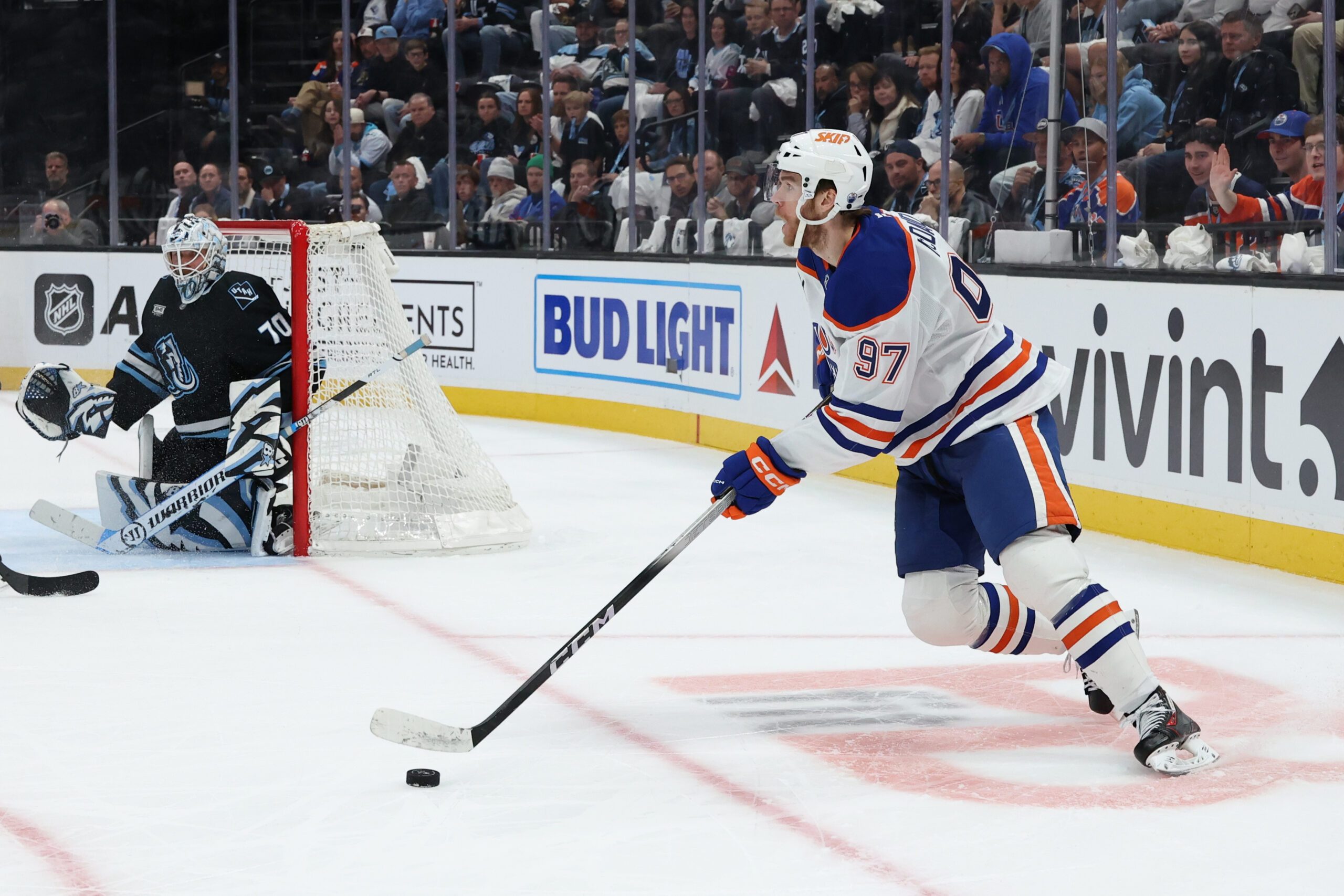 Mar 24, 2026; Salt Lake City, Utah, USA; Edmonton Oilers center Connor McDavid (97) looks to pass against the Utah Mammoth during the second period at Delta Center. Mandatory Credit: Rob Gray-Imagn Images