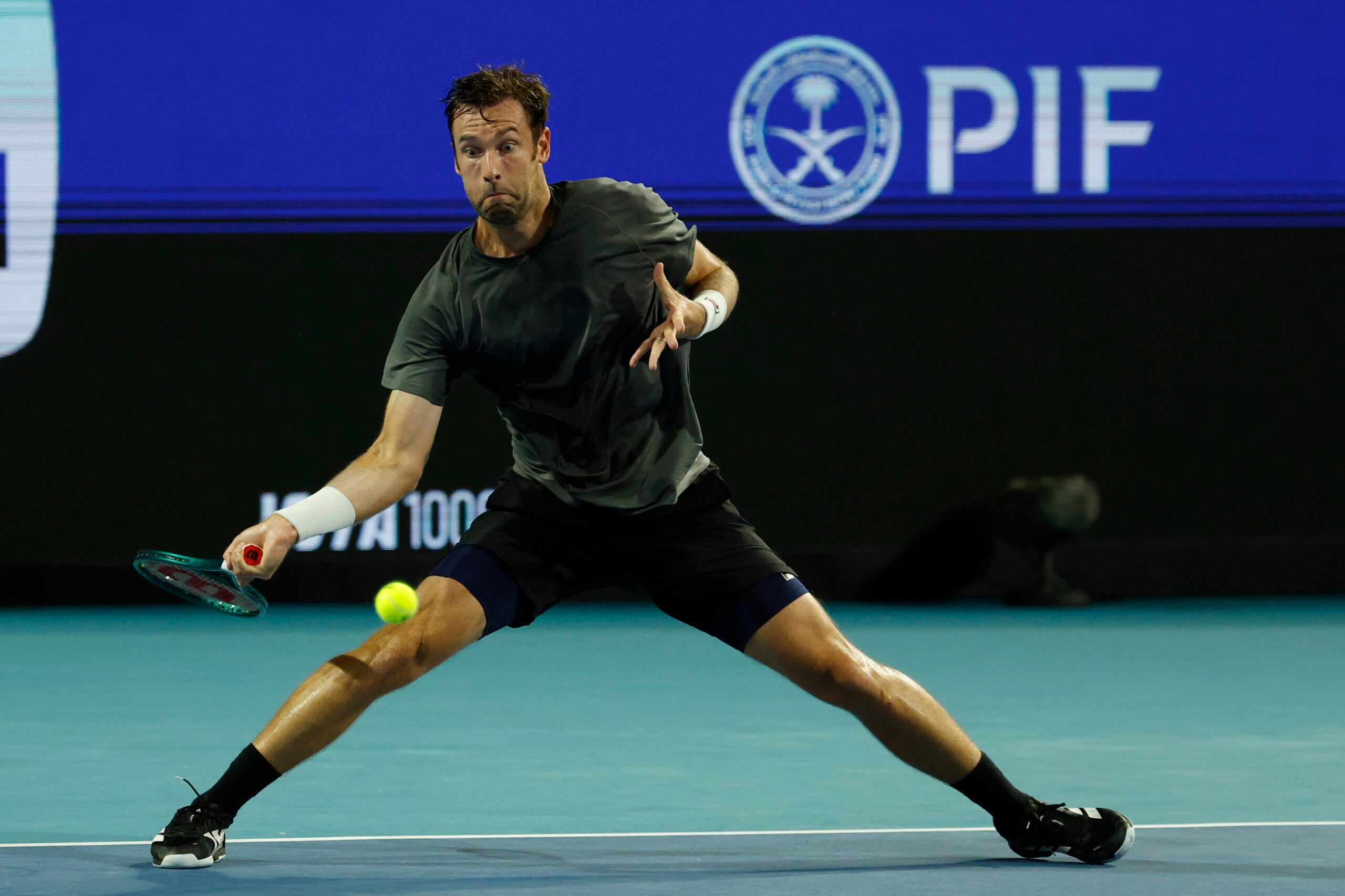 Mar 24, 2026; Miami Gardens, FL, USA; Quentin Halys (FRA) hits a forehand against Alexander Zverev (GER) (not pictured) on day eight of the 2026 Miami Open at Hard Rock Stadium. Mandatory Credit: Geoff Burke-Imagn Images