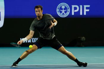 Mar 24, 2026; Miami Gardens, FL, USA; Quentin Halys (FRA) hits a forehand against Alexander Zverev (GER) (not pictured) on day eight of the 2026 Miami Open at Hard Rock Stadium. Mandatory Credit: Geoff Burke-Imagn Images