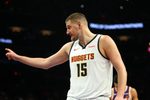 Mar 24, 2026; Phoenix, Arizona, USA; Denver Nuggets center Nikola Jokic (15) reacts against the Phoenix Suns in the second half at Mortgage Matchup Center. Mandatory Credit: Mark J. Rebilas-Imagn Images