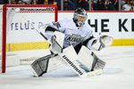 Mar 24, 2026; Calgary, Alberta, CAN; Los Angeles Kings goaltender Darcy Kuemper (35) guards his net against the Calgary Flames during the overtime period at Scotiabank Saddledome. Mandatory Credit: Sergei Belski-Imagn Images
