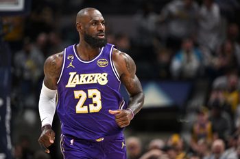 Mar 25, 2026; Indianapolis, Indiana, USA; Los Angeles Lakers forward LeBron James (23) runs down court during the first quarter against the Indiana Pacers at Gainbridge Fieldhouse. Mandatory Credit: Marc Lebryk-Imagn Images