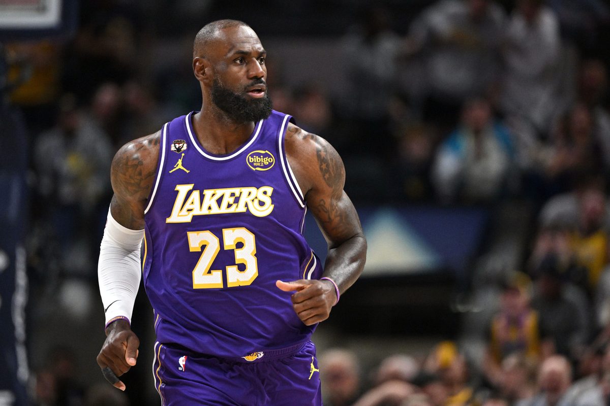 Mar 25, 2026; Indianapolis, Indiana, USA; Los Angeles Lakers forward LeBron James (23) runs down court during the first quarter against the Indiana Pacers at Gainbridge Fieldhouse. Mandatory Credit: Marc Lebryk-Imagn Images