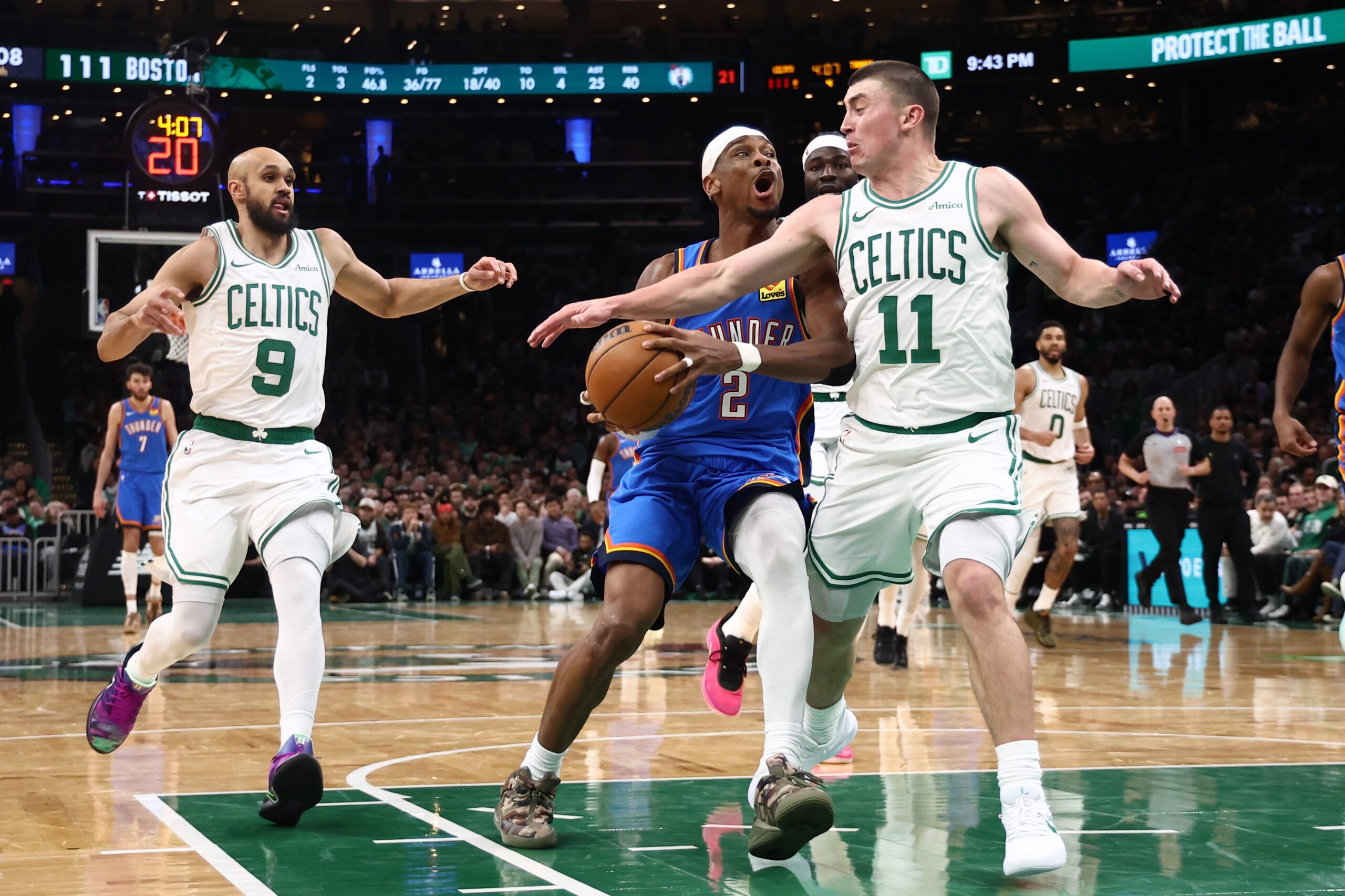 Mar 25, 2026; Boston, Massachusetts, USA; Oklahoma City Thunder guard Shai Gilgeous-Alexander (2) can’t get past Boston Celtics guard Payton Pritchard (11) during the fourth quarter at TD Garden. Mandatory Credit: Winslow Townson-Imagn Images