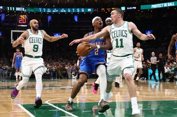 Mar 25, 2026; Boston, Massachusetts, USA; Oklahoma City Thunder guard Shai Gilgeous-Alexander (2) can’t get past Boston Celtics guard Payton Pritchard (11) during the fourth quarter at TD Garden. Mandatory Credit: Winslow Townson-Imagn Images