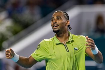 Mar 25, 2026; Miami Gardens, FL, USA;  Arthur Fils of France reacts against Tommy Paul of the United States after beating him in the quarter finals of the men’s singles at the Miami Open at Hard Rock Stadium. Mandatory Credit: Mike Frey-Imagn Images