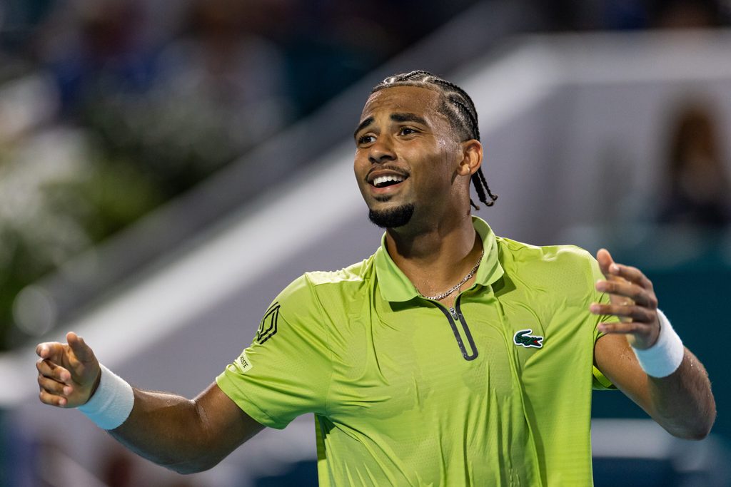 Mar 25, 2026; Miami Gardens, FL, USA; Arthur Fils of France reacts against Tommy Paul of the United States after beating him in the quarter finals of the men’s singles at the Miami Open at Hard Rock Stadium. Mandatory Credit: Mike Frey-Imagn Images