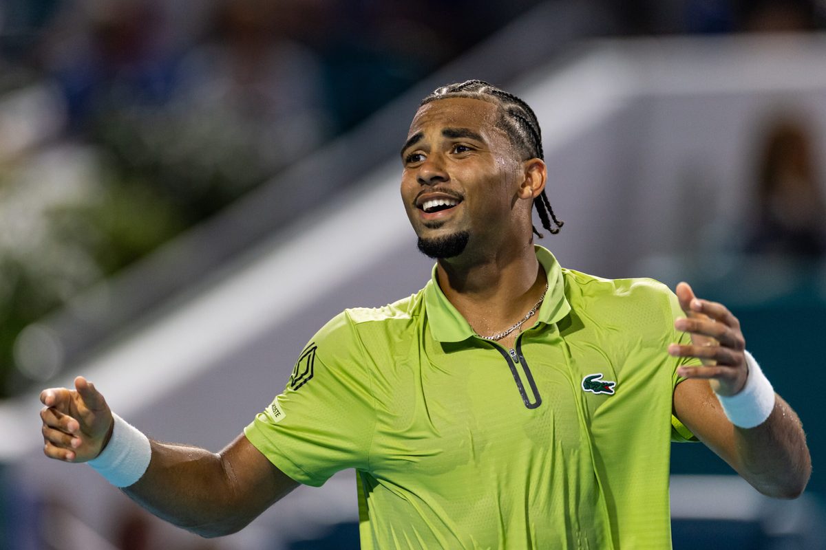Mar 25, 2026; Miami Gardens, FL, USA; Arthur Fils of France reacts against Tommy Paul of the United States after beating him in the quarter finals of the men’s singles at the Miami Open at Hard Rock Stadium. Mandatory Credit: Mike Frey-Imagn Images