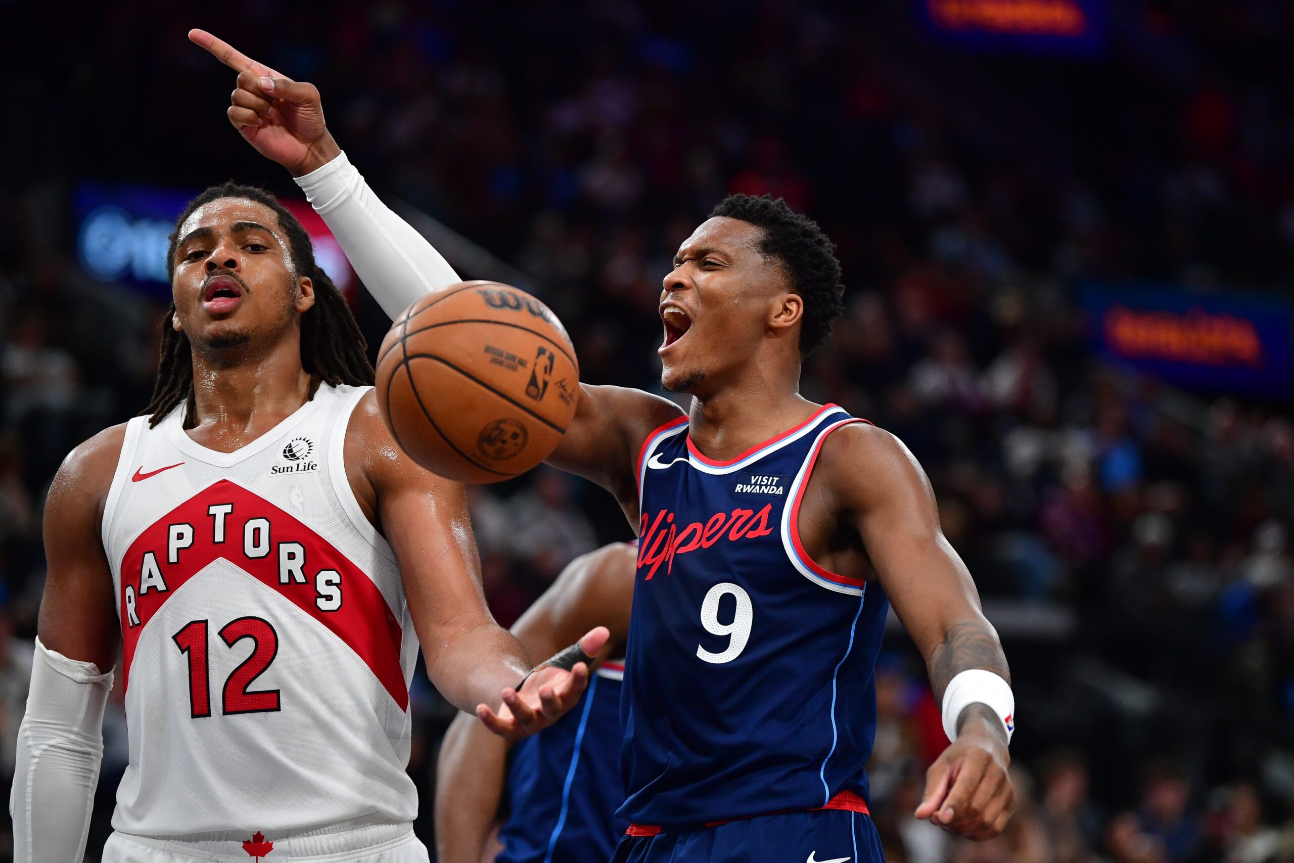 Mar 25, 2026; Inglewood, California, USA; Los Angeles Clippers guard Bennedict Mathurin (9) reacts after scoring a basket and drawing the foul against the Toronto Raptors during the second half at Intuit Dome. Mandatory Credit: Gary A. Vasquez-Imagn Images