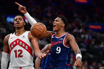 Mar 25, 2026; Inglewood, California, USA; Los Angeles Clippers guard Bennedict Mathurin (9) reacts after scoring a basket and drawing the foul against the Toronto Raptors during the second half at Intuit Dome. Mandatory Credit: Gary A. Vasquez-Imagn Images
