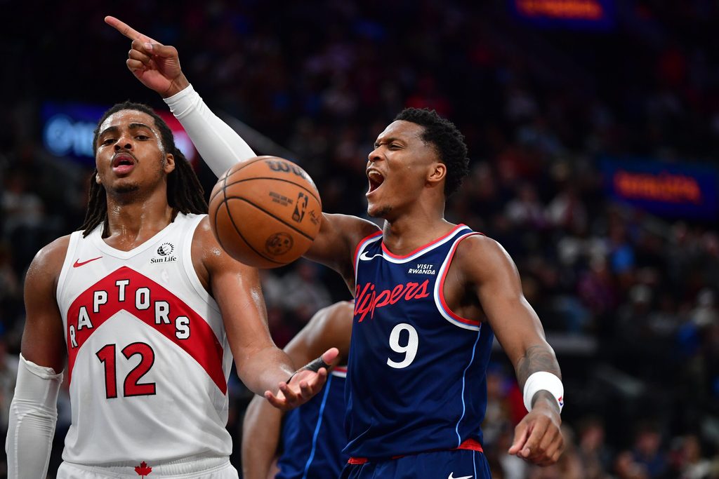 Mar 25, 2026; Inglewood, California, USA; Los Angeles Clippers guard Bennedict Mathurin (9) reacts after scoring a basket and drawing the foul against the Toronto Raptors during the second half at Intuit Dome. Mandatory Credit: Gary A. Vasquez-Imagn Images