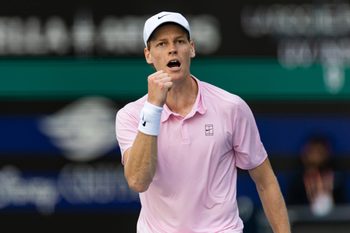 Mar 26, 2026; Miami Gardens, FL, USA; Jannik Sinner of Italy reacts during a match against Frances Tiafoe of the United States in the quarter finals of the men’s singles at the Miami Open at Hard Rock Stadium. Mandatory Credit: Mike Frey-Imagn Images