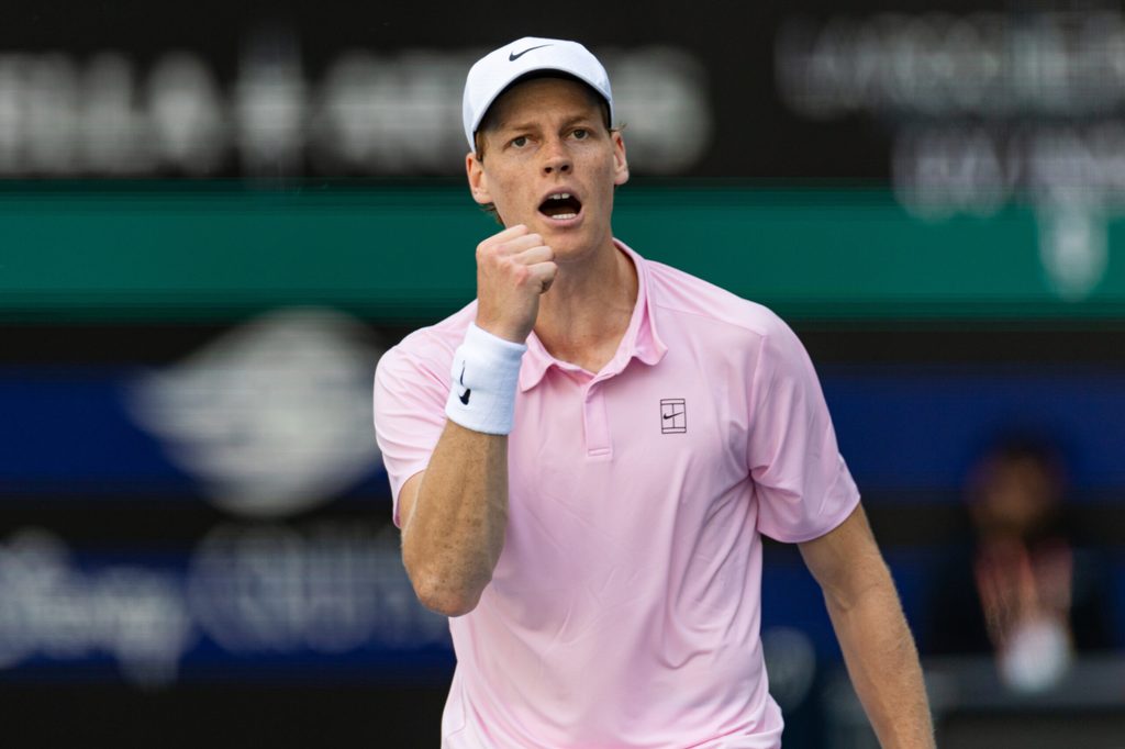 Mar 26, 2026; Miami Gardens, FL, USA; Jannik Sinner of Italy reacts during a match against Frances Tiafoe of the United States in the quarter finals of the men’s singles at the Miami Open at Hard Rock Stadium. Mandatory Credit: Mike Frey-Imagn Images