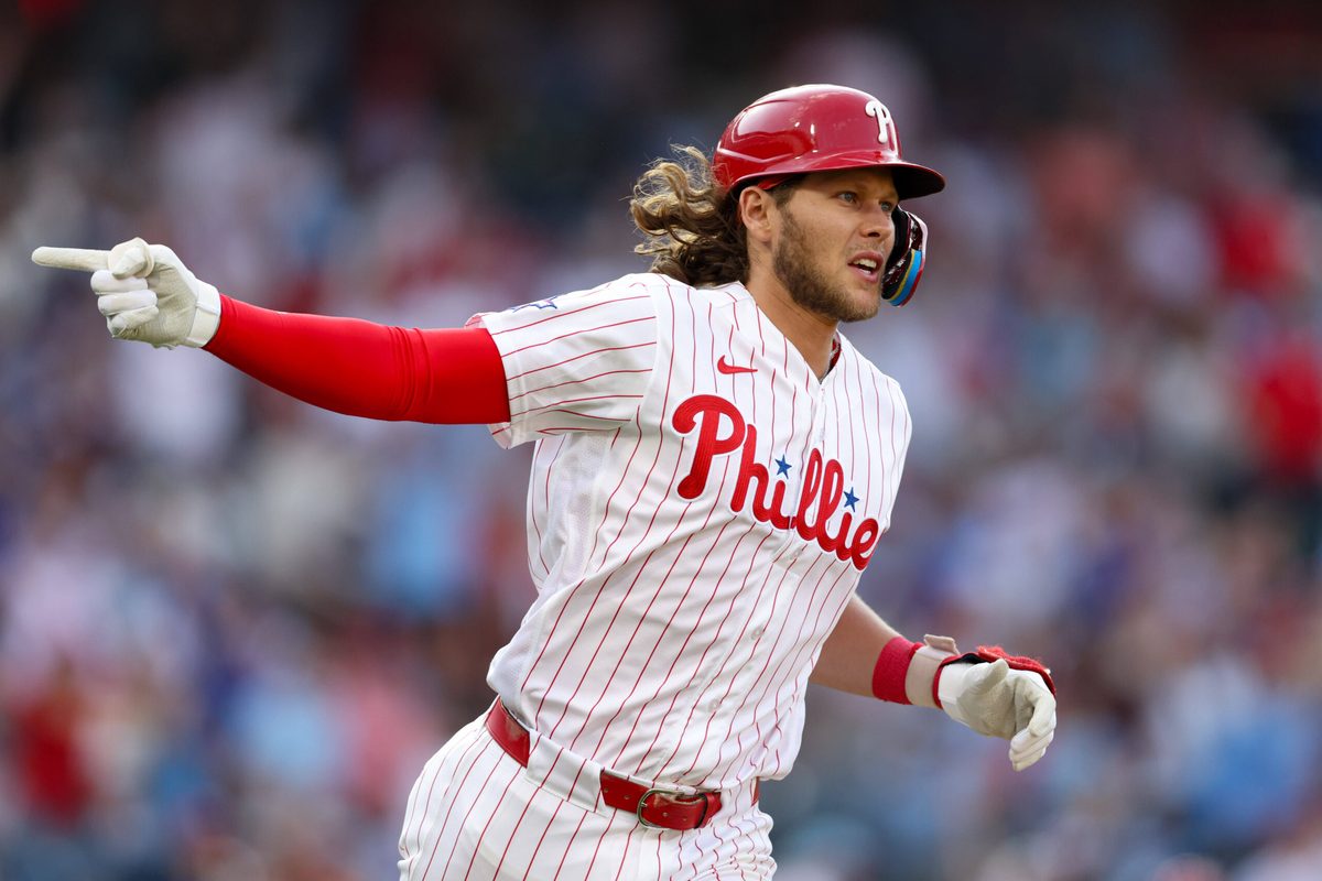 Mar 26, 2026; Philadelphia, Pennsylvania, USA; Philadelphia Phillies third baseman Alec Bohm (28) reacts after hitting a three RBI home run against the Texas Rangers during the fifth inning at Citizens Bank Park. Mandatory Credit: Bill Streicher-Imagn Images