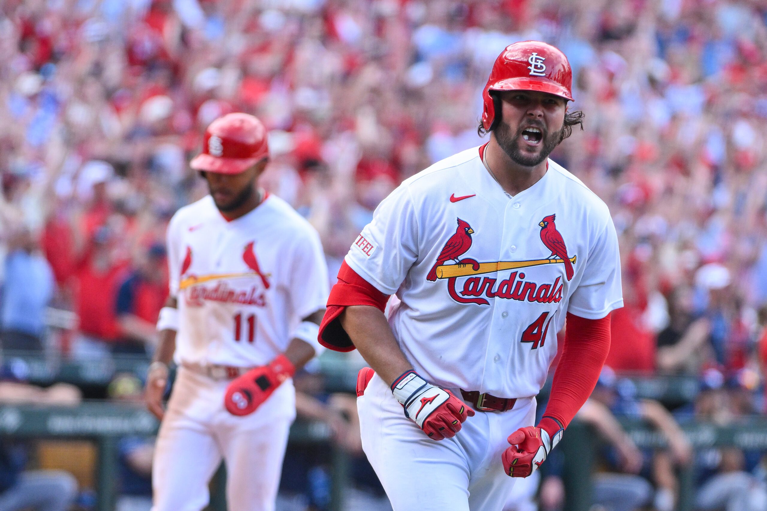 Mar 26, 2026; St. Louis, Missouri, USA; St. Louis Cardinals first baseman Alec Burleson (41) reacts after hitting a go ahead two run home run against the Tampa Bay Rays during the sixth inning at Busch Stadium. Mandatory Credit: Jeff Curry-Imagn Images