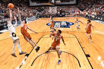 Mar 26, 2026; San Jose, CA, USA; Purdue Boilermakers guard Braden Smith (3) shoots over Texas Longhorns guard Chendall Weaver (2) in the second half during a Sweet Sixteen game of the West Regional of the men's 2026 NCAA Tournament at SAP Center. Mandatory Credit: Eakin Howard-Imagn Images