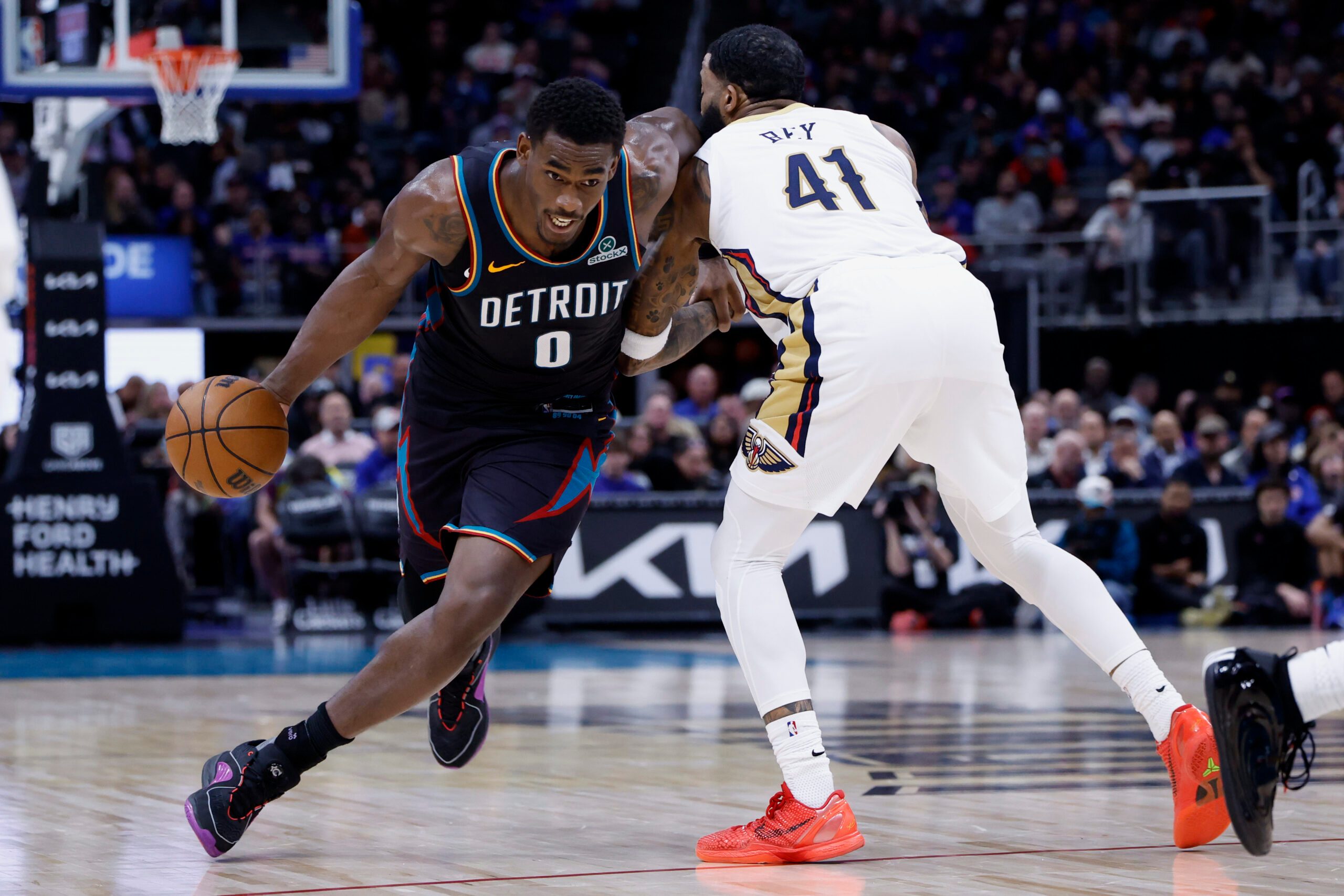 Mar 26, 2026; Detroit, Michigan, USA;  Detroit Pistons center Jalen Duren (0) is defended by New Orleans Pelicans guard Saddiq Bey (41) in the second half at Little Caesars Arena. Mandatory Credit: Rick Osentoski-Imagn Images