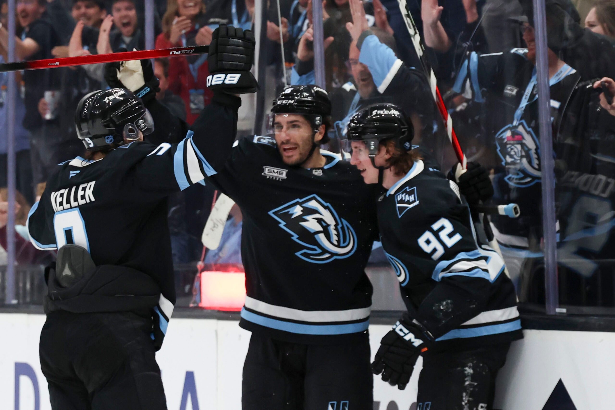 Mar 26, 2026; Salt Lake City, Utah, USA; The Utah Mammoth celebrate a goal against the Washington Capitals by center Logan Cooley (92) during the first period at Delta Center. Mandatory Credit: Rob Gray-Imagn Images