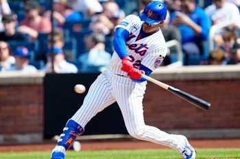 New York Mets left fielder Juan Soto (22) is shown at bat during the fourth inning, Thursday, March 26, 2026.