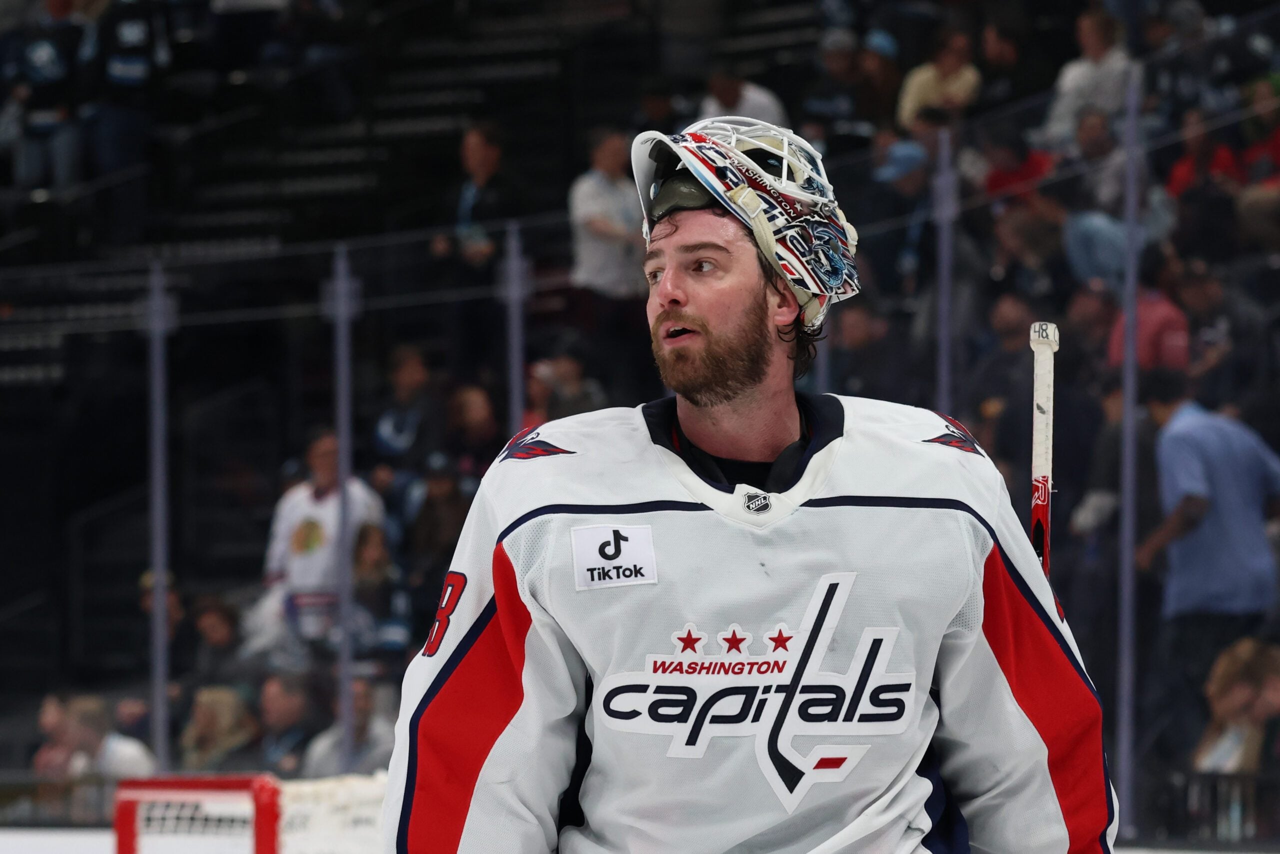 Mar 26, 2026; Salt Lake City, Utah, USA; Washington Capitals goaltender Logan Thompson (48) reacts after a play against the Utah Mammoth during the third period at Delta Center. Mandatory Credit: Rob Gray-Imagn Images