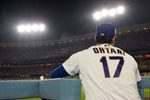 Mar 26, 2026; Los Angeles, California, USA; Los Angeles Dodgers designated hitter Shohei Ohtani (17) watches in the ninth inning against the Arizona Diamondbacks at Dodger Stadium. Mandatory Credit: Kirby Lee-Imagn Images