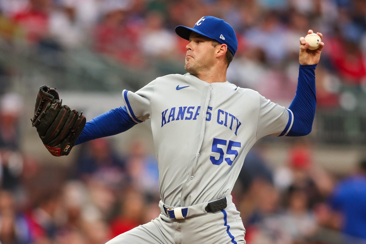 Mar 27, 2026; Atlanta, Georgia, USA; Kansas City Royals pitcher Cole Ragans (55) throws against the Atlanta Braves in the first inning at Truist Park. Mandatory Credit: Brett Davis-Imagn Images