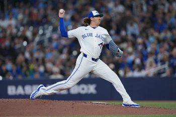 Mar 27, 2026; Toronto, Ontario, CAN; Toronto Blue Jays starting pitcher Kevin Gausman (34) throws a pitch against the Athletics during the fourth inning at Rogers Centre. Mandatory Credit: Nick Turchiaro-Imagn Images