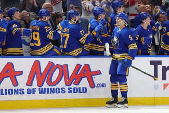 Mar 27, 2026; Buffalo, New York, USA;  Buffalo Sabres center Josh Norris (9) celebrates his goal with teammates during the third period against the Detroit Red Wings at KeyBank Center. Mandatory Credit: Timothy T. Ludwig-Imagn Images