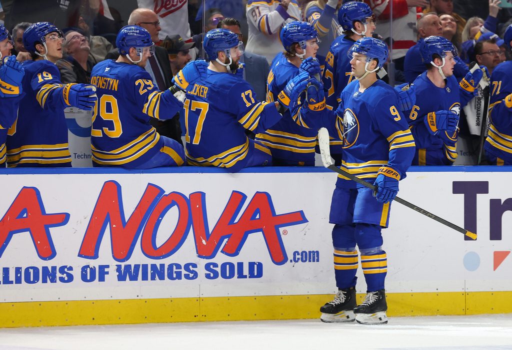 Mar 27, 2026; Buffalo, New York, USA; Buffalo Sabres center Josh Norris (9) celebrates his goal with teammates during the third period against the Detroit Red Wings at KeyBank Center. Mandatory Credit: Timothy T. Ludwig-Imagn Images