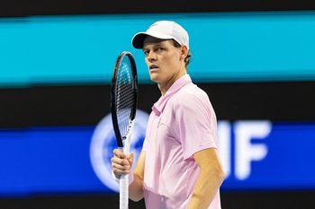 Mar 27, 2026; Miami Gardens, FL, USA;   Jannik Sinner of Italy celebrates during his match against Alexander Zverev of Germany in the semi-finals of the men’s singles at the Miami Open at the Hard Rock Stadium. Mandatory Credit: Mike Frey-Imagn Images