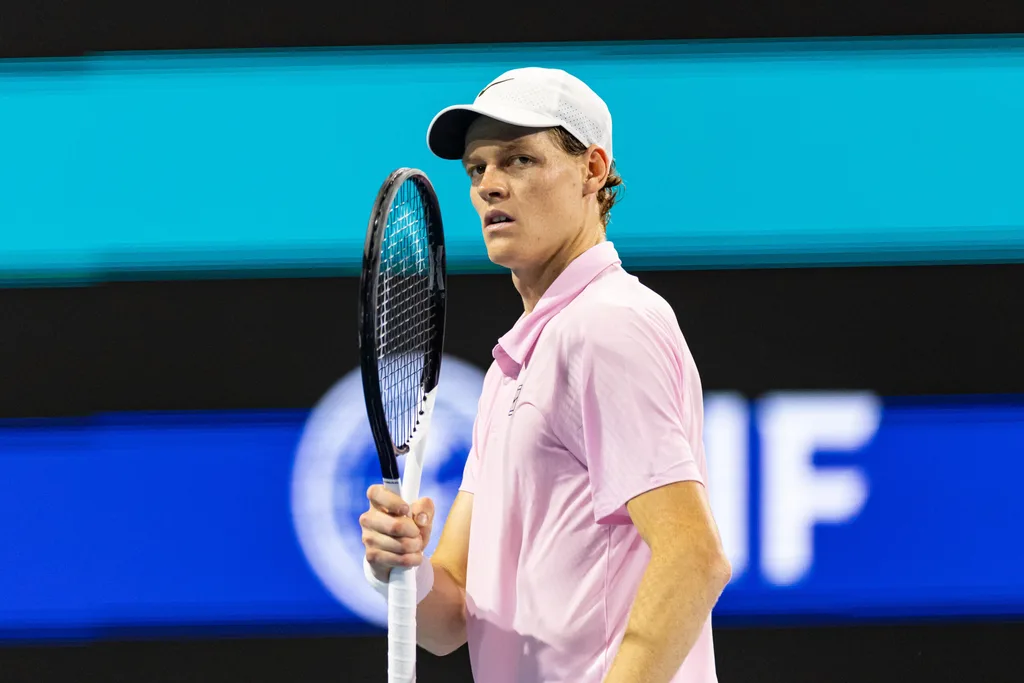 Mar 27, 2026; Miami Gardens, FL, USA; Jannik Sinner of Italy celebrates during his match against Alexander Zverev of Germany in the semi-finals of the men’s singles at the Miami Open at the Hard Rock Stadium. Mandatory Credit: Mike Frey-Imagn Images