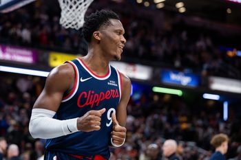 Mar 27, 2026; Indianapolis, Indiana, USA;  LA Clippers guard Bennedict Mathurin (9) celebrates a win against the Indiana Pacers at Gainbridge Fieldhouse. Mandatory Credit: Trevor Ruszkowski-Imagn Images