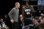 Mar 27, 2026; Memphis, Tennessee, USA; Memphis Grizzlies head coach Tuomas Iisalo talks with forward GG Jackson (45) during the third quarter against the Houston Rockets at FedExForum. Mandatory Credit: Petre Thomas-Imagn Images