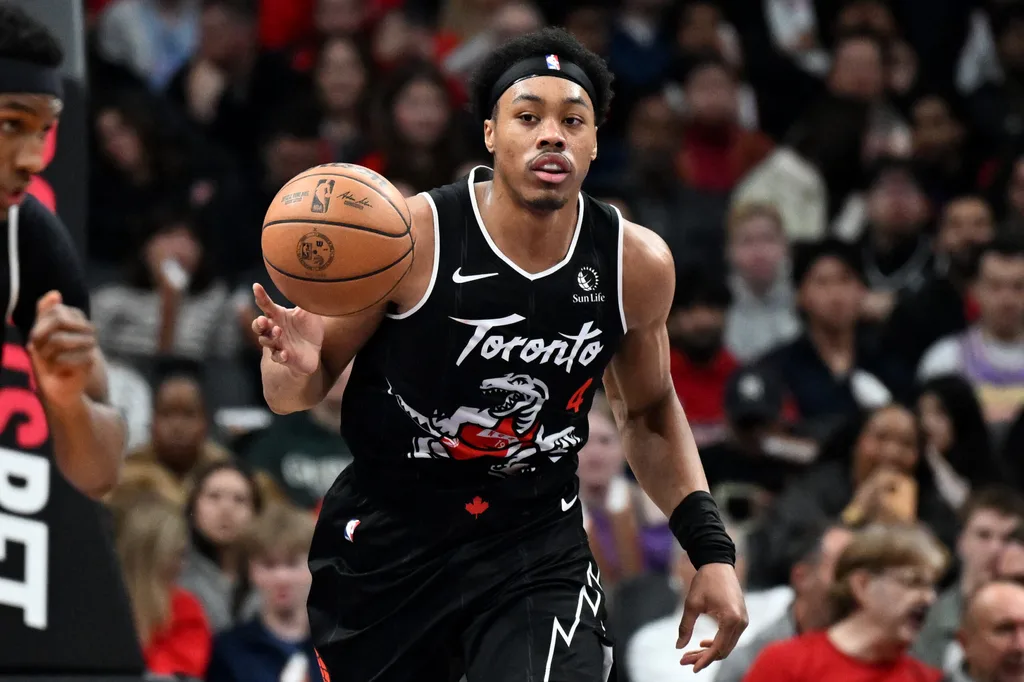 Mar 27, 2026; Toronto, Ontario, CAN; Toronto Raptors forward Scottie Barnes (4) dribbles against the New Orleans Pelicans in the second half at Scotiabank Arena. Mandatory Credit: Dan Hamilton-Imagn Images