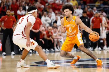 Mar 27, 2026; Chicago, IL, USA; Tennessee Volunteers guard Ja'Kobi Gillespie (0) moves the ball while defended by Iowa State Cyclones guard Tamin Lipsey (3) in the second half during a Sweet Sixteen game of the Midwest Regional of the men's 2026 NCAA Tournament at United Center. Mandatory Credit: Kamil Krzaczynski-Imagn Images