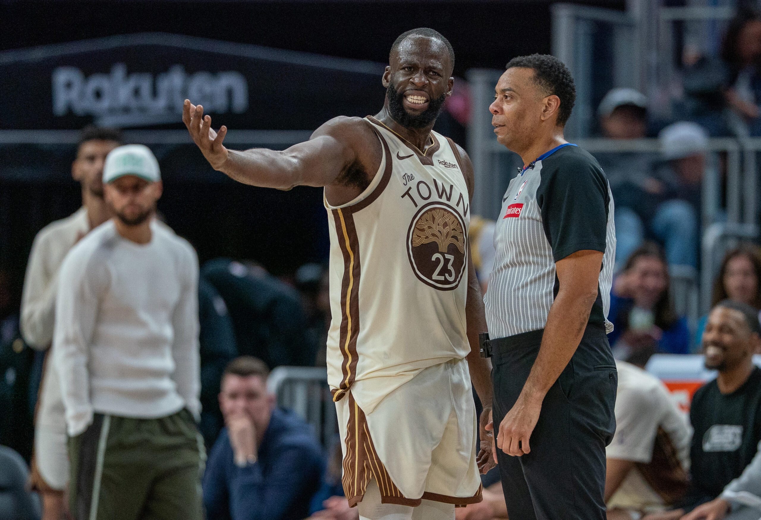 Mar 27, 2026; San Francisco, California, USA; Golden State Warriors forward Draymond Green (23) talks with a referee after a foul against the Washington Wizards during the fourth quarterat Chase Center. Mandatory Credit: Neville E. Guard-Imagn Images