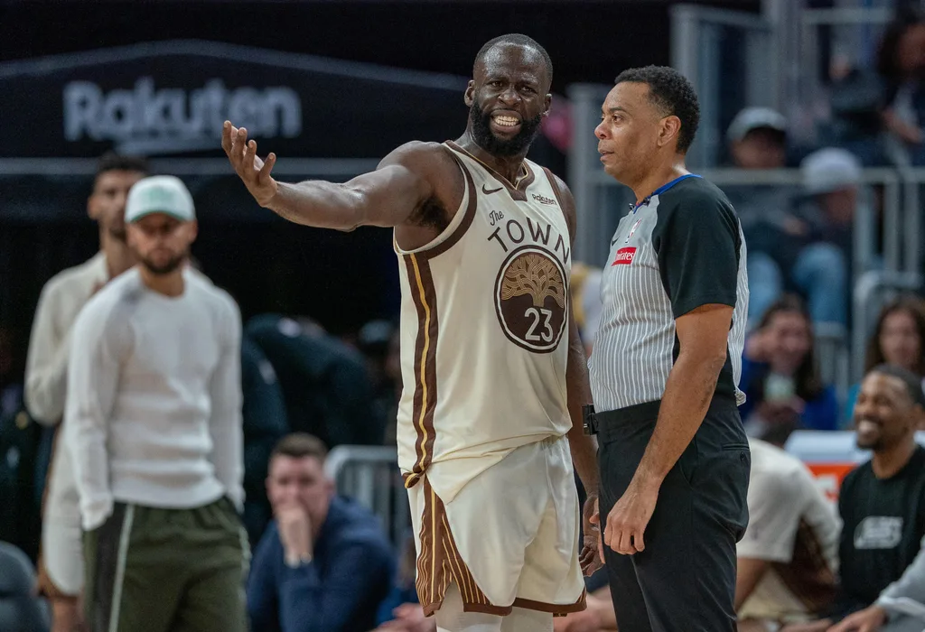 Mar 27, 2026; San Francisco, California, USA; Golden State Warriors forward Draymond Green (23) talks with a referee after a foul against the Washington Wizards during the fourth quarterat Chase Center. Mandatory Credit: Neville E. Guard-Imagn Images