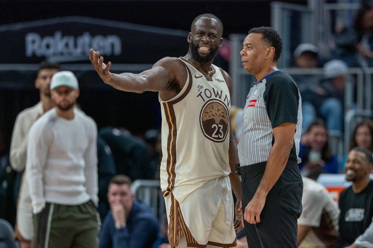 Mar 27, 2026; San Francisco, California, USA; Golden State Warriors forward Draymond Green (23) talks with a referee after a foul against the Washington Wizards during the fourth quarterat Chase Center. Mandatory Credit: Neville E. Guard-Imagn Images