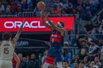 Mar 27, 2026; San Francisco, California, USA; Washington Wizards guard Jaden Hardy (8) makes a three point basket against the Golden State Warriors during the fourth quarter at Chase Center. Mandatory Credit: Neville E. Guard-Imagn Images