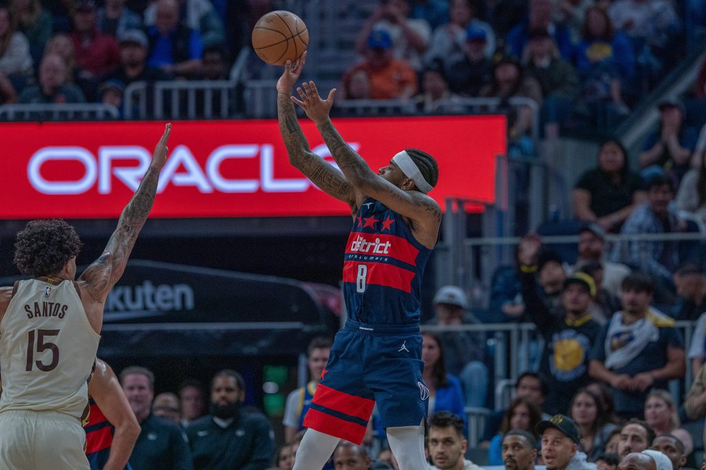 Mar 27, 2026; San Francisco, California, USA; Washington Wizards guard Jaden Hardy (8) makes a three point basket against the Golden State Warriors during the fourth quarter at Chase Center. Mandatory Credit: Neville E. Guard-Imagn Images