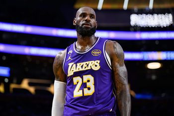 Mar 27, 2026; Los Angeles, California, USA; Los Angeles Lakers forward LeBron James (23) during the second half against the Brooklyn Nets at Crypto.com Arena. Mandatory Credit: William Liang-Imagn Images