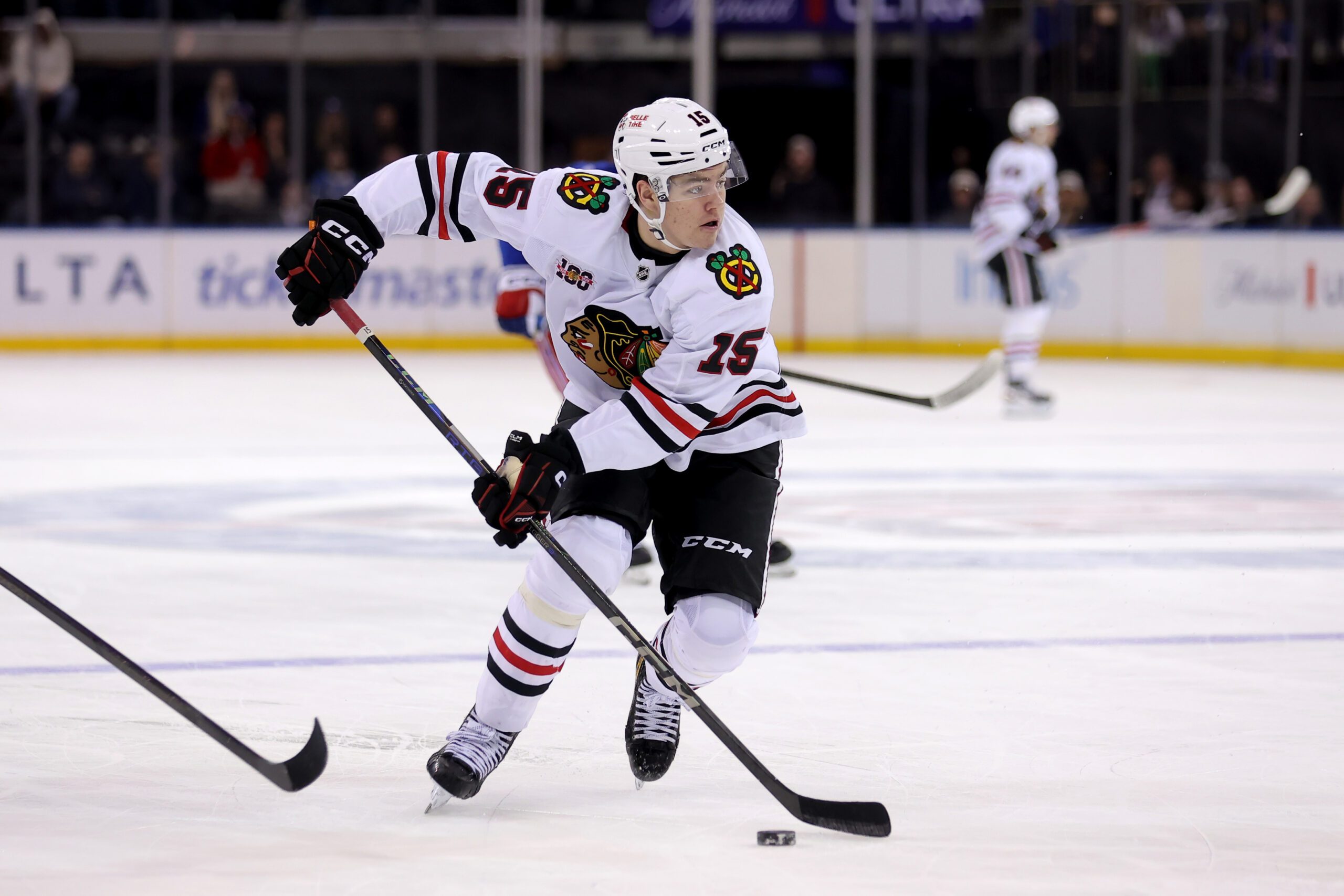 Mar 27, 2026; New York, New York, USA; Chicago Blackhawks center Anton Frondell (15) skates with the puck against the New York Rangers during the third period at Madison Square Garden. Mandatory Credit: Brad Penner-Imagn Images